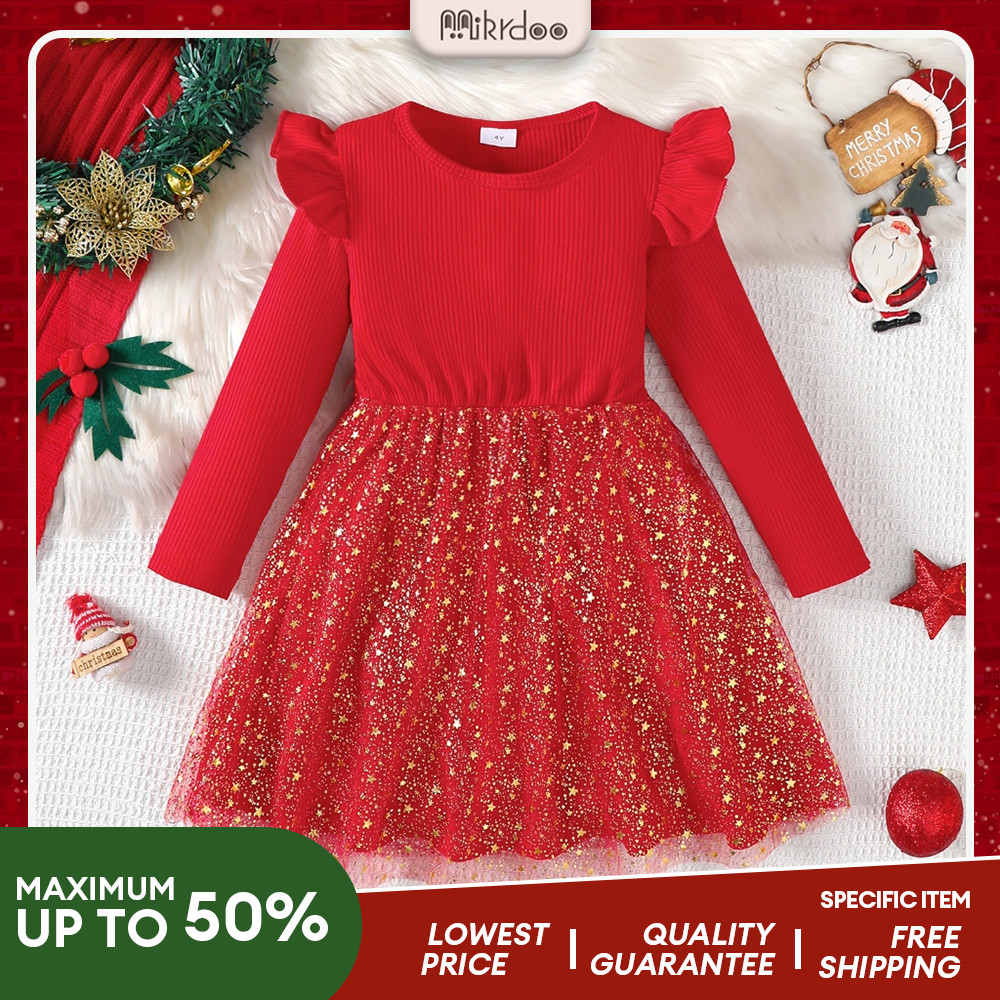 【2-6Y】 Toddler Girl Christmas Dress | Red Ribbed Long Sleeve Dress with Glitter Star Tulle Skirt | Festive Holiday Outfit