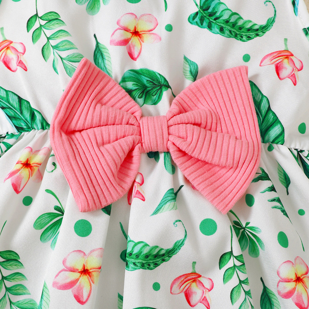 【2PCS】 6M-3Y Baby Girl Outfit | Pink Ribbed Cardigan + Tropical Floral Print Dress with Bow | Sweet Summer Set