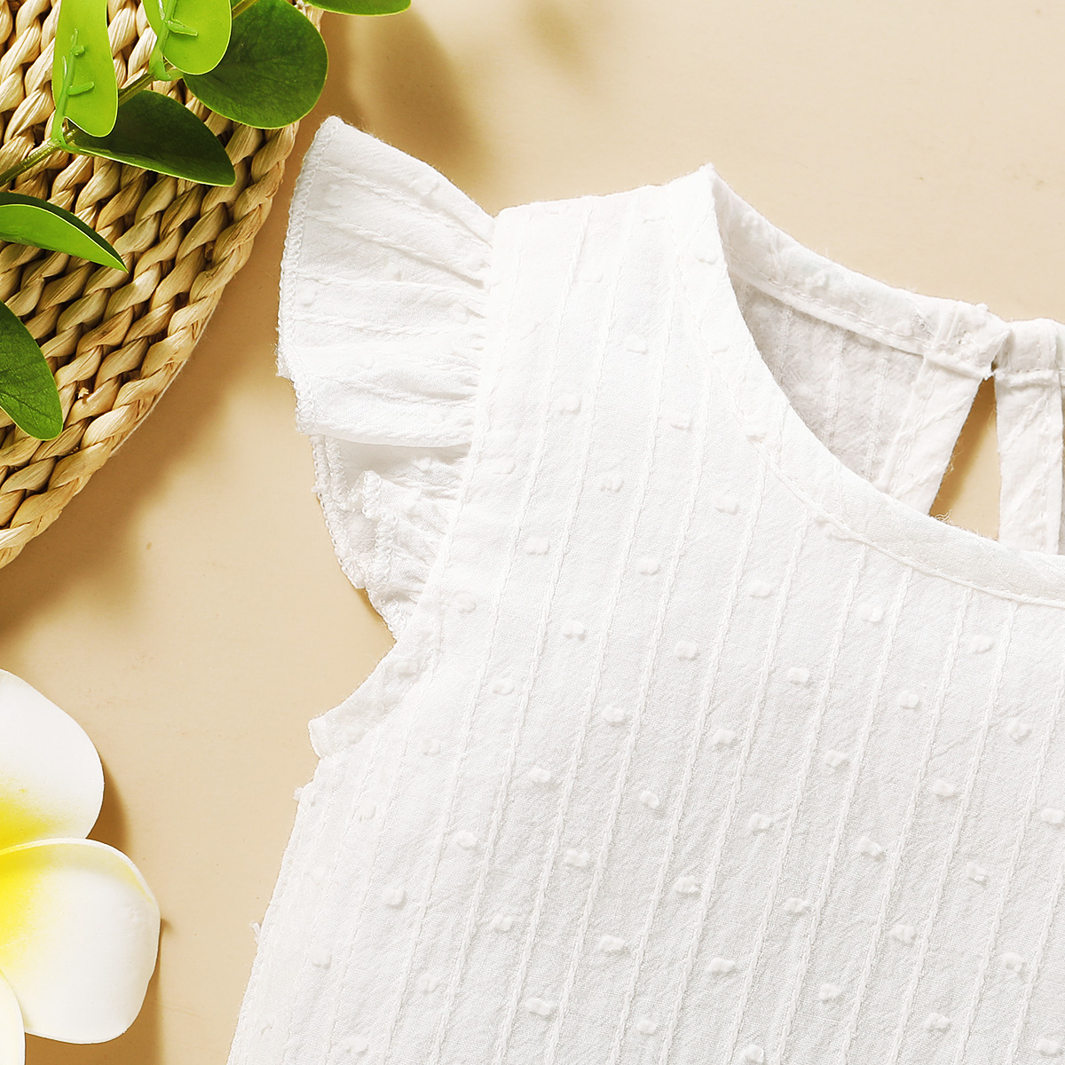 【3-18M】 Baby Girl Romper | White Textured Sleeveless Jumpsuit with Ruffle Sleeves | Soft Newborn Outfit