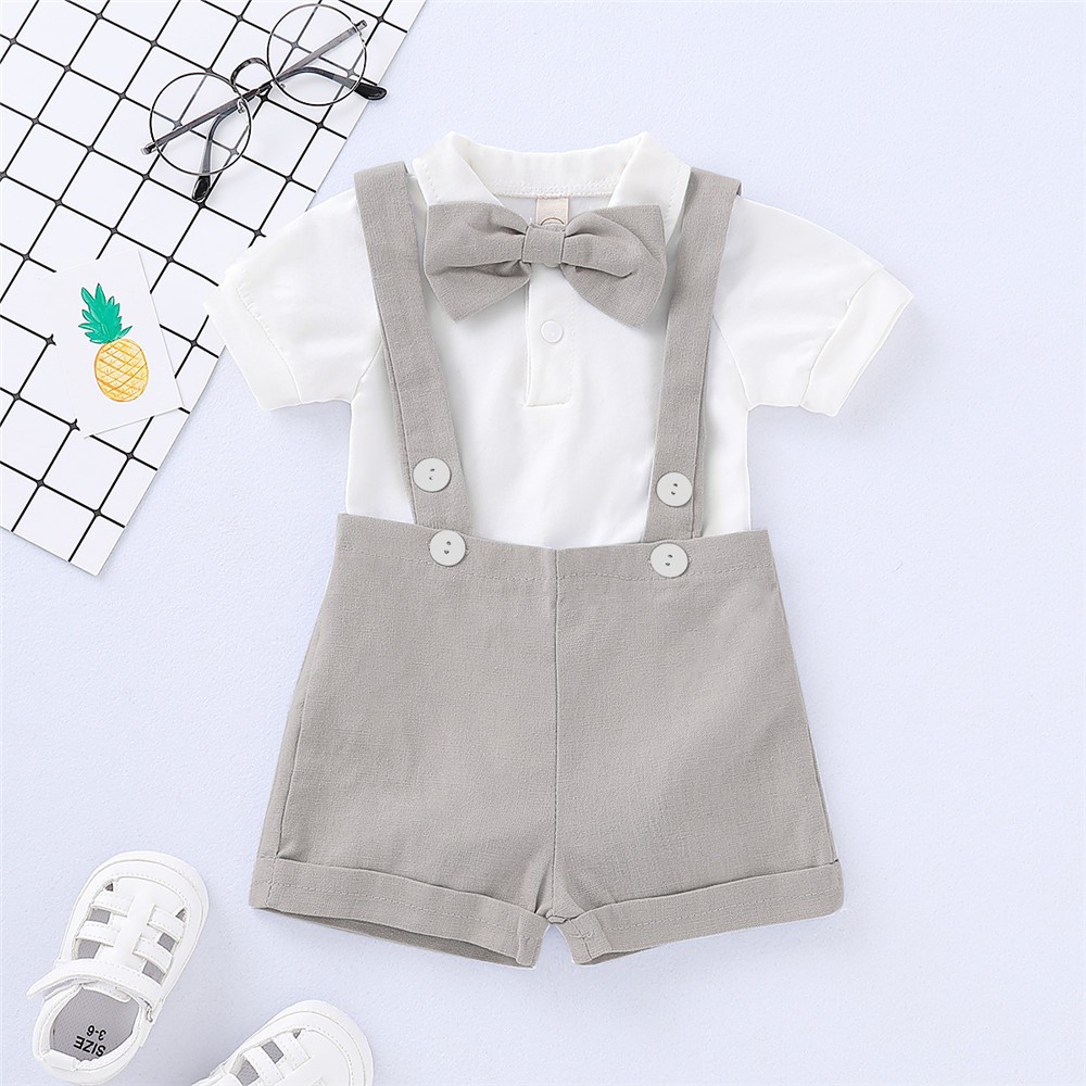 【2PCS】 6-24M Baby Boy Formal Outfit | White Short Sleeve Shirt + Gray Suspender Shorts with Bow Tie | Wedding Party Gentleman Wear