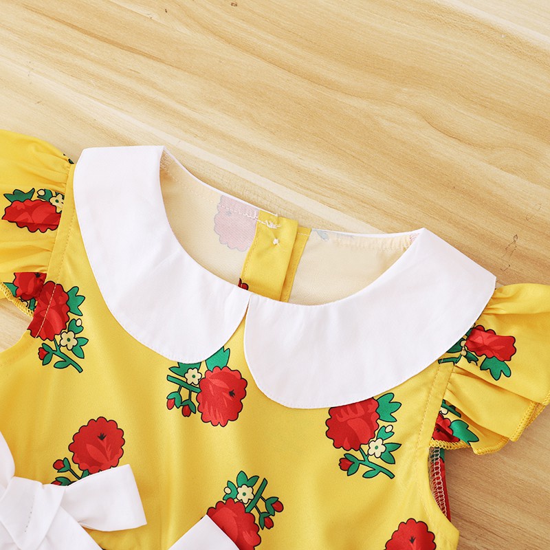 【18-6Y】 Toddler Girl Casual Dress | Yellow Rose Print Ruffle Sleeve Mesh Dress with White Bows | Sweet Summer Wear