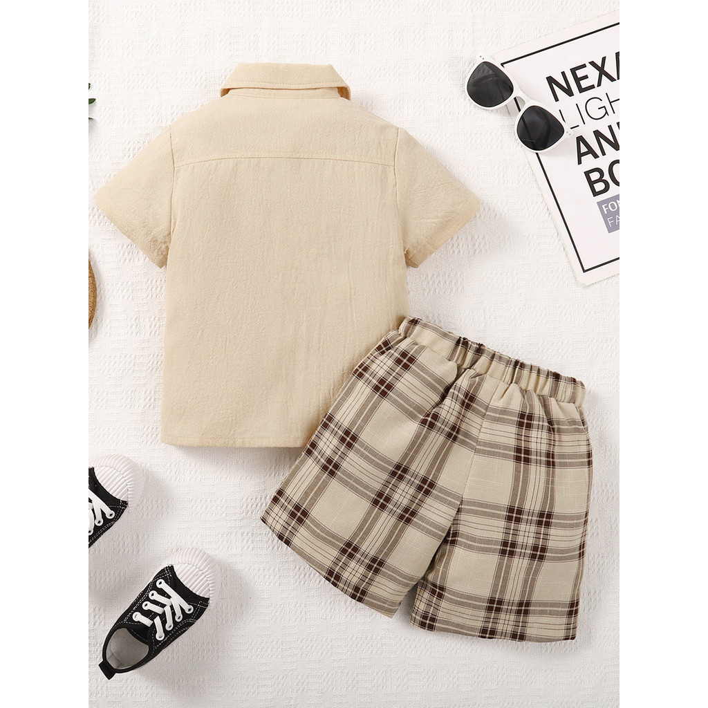 【2PCS】 1-6Y Baby Boy Formal Set | Beige Short Sleeve Shirt + Plaid Shorts with Bow Tie | Gentleman Summer Outfit