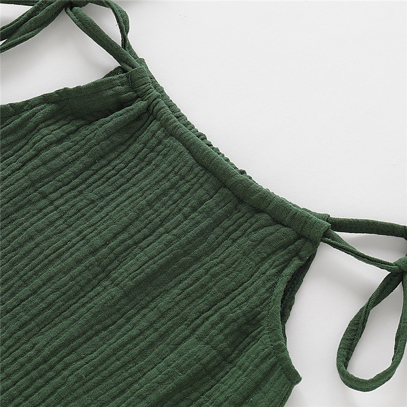 【12M-5Y】 Toddler Girl Casual Dress | Green Crinkle Halter Neck Dress with Tie Straps | Simple Summer Wear