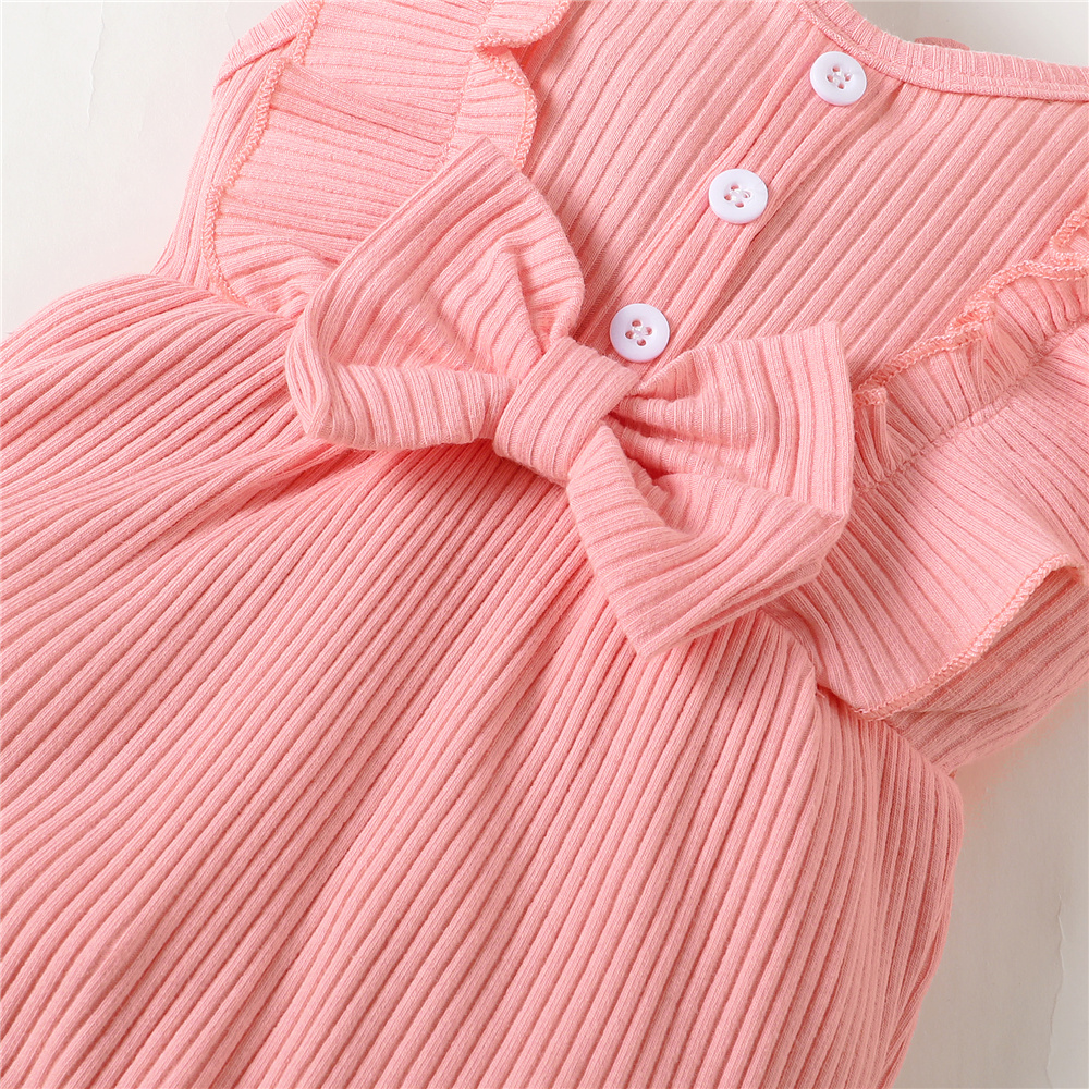 【2PCS】 0-12M Baby Girl Outfit | Pink Ribbed Ruffle Trim Romper with Bow + Matching Headband | Soft Casual Wear
