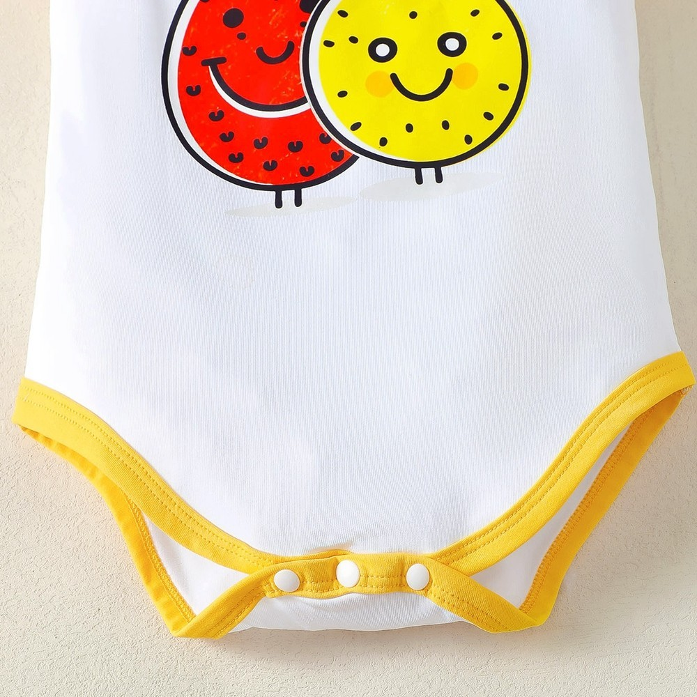 【1-9M】 3PCS Baby Girl Summer Outfit: Strawberry & Pineapple Print Ruffle-Sleeve Bodysuit + Fruit Print Skirt with Bow + Matching Headband – Cute Party Set