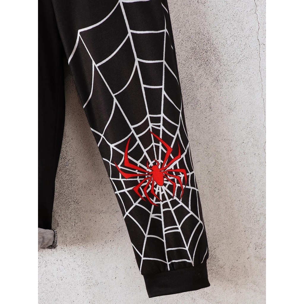 【2PCS】 4-7Y Toddler Boy Superhero Outfit | Red Spider-Man Print Hoodie + Matching Web Pants | Cartoon Casual Set