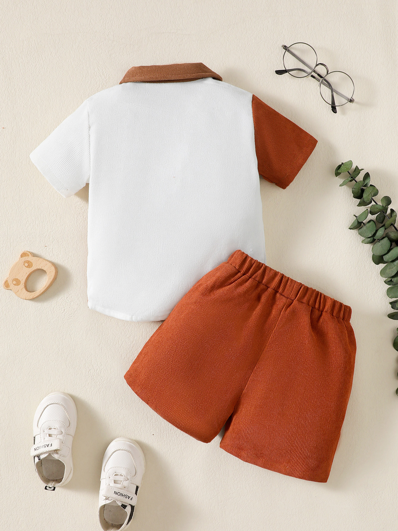 【2PCS】 1-6Y Baby Boy Casual Outfit | Rust & White Color Block Corduroy Shirt + Rust Shorts | Comfortable Summer Set