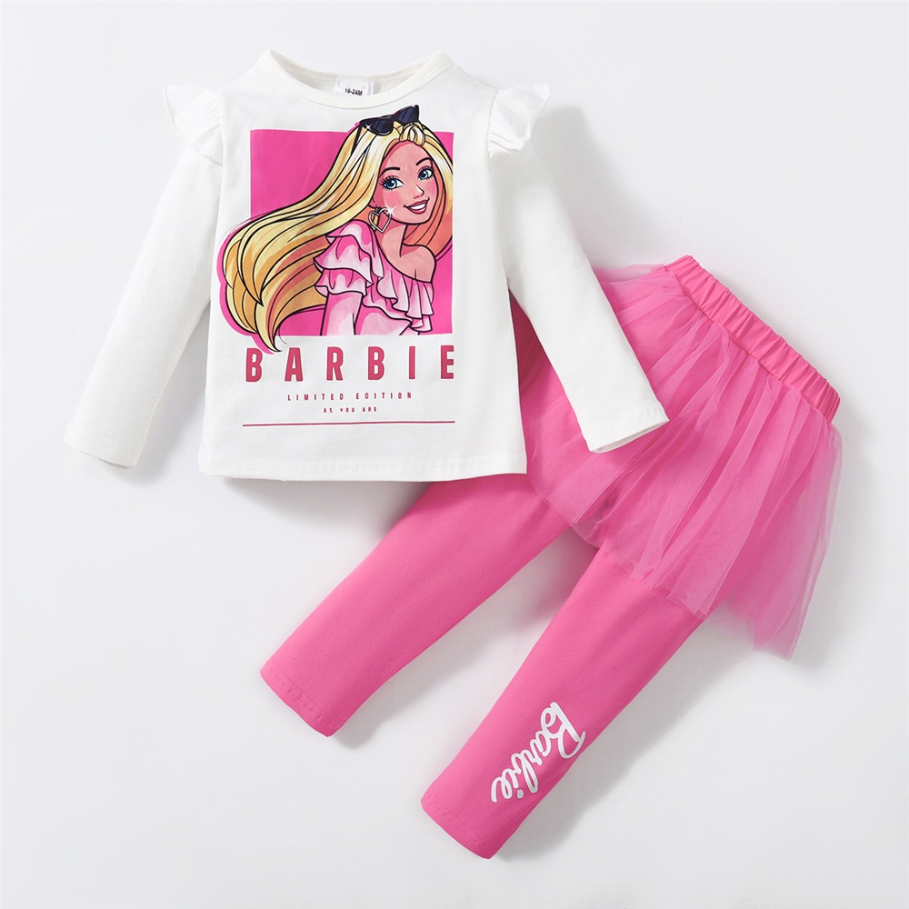 【2PCS】 18M-6Y Toddler Girl Barbie Outfit | White Ruffle Sleeve Barbie Print Top + Pink Mesh Overlay Leggings | Fashion Casual Wear