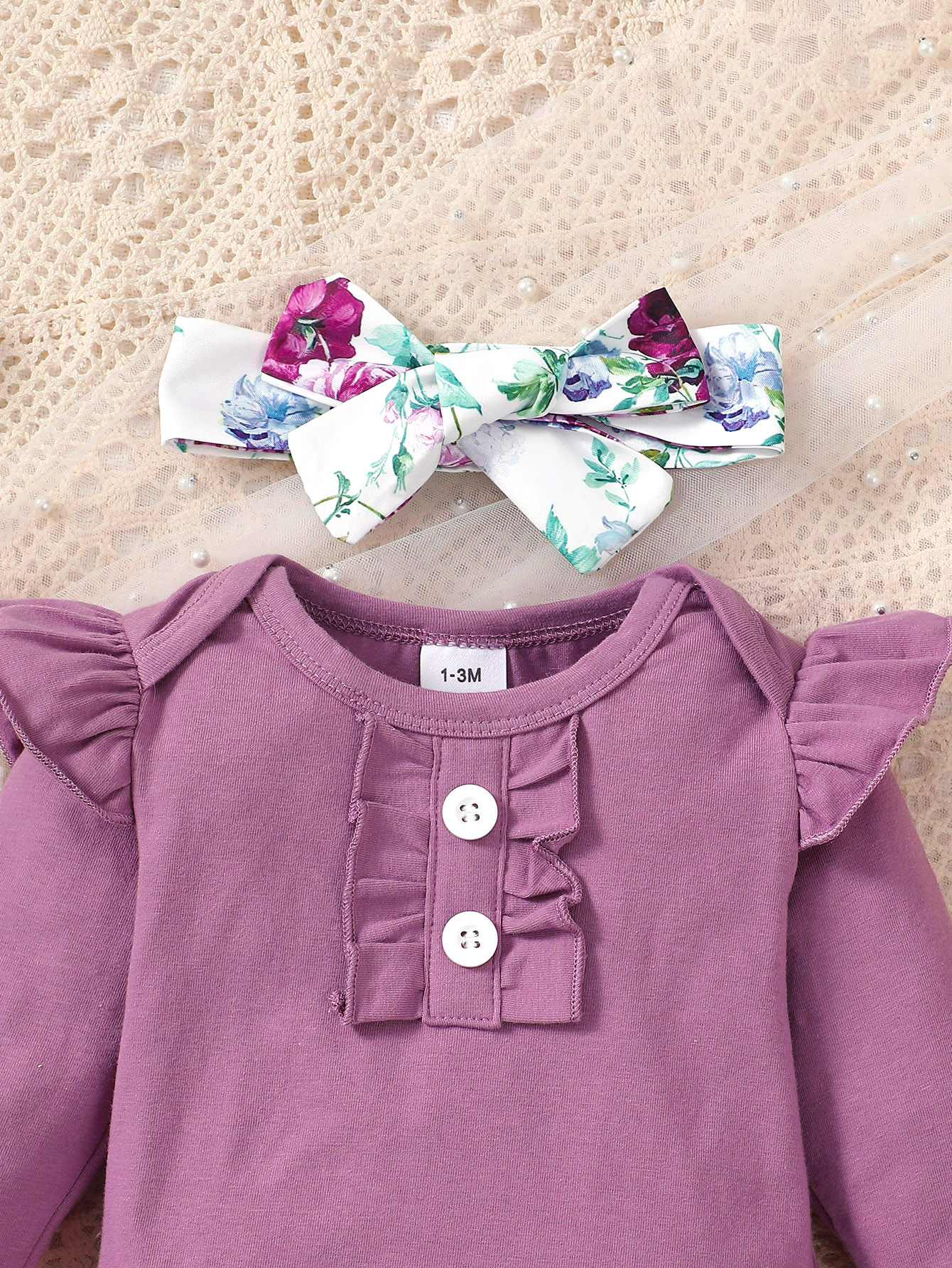0-3Y Girls' Ruffle Romper & Floral Suspender Pants Set with Matching Headband | Soft Cotton 3-Piece Outfit, for Daily Wear & Photoshoots, Baby Girls