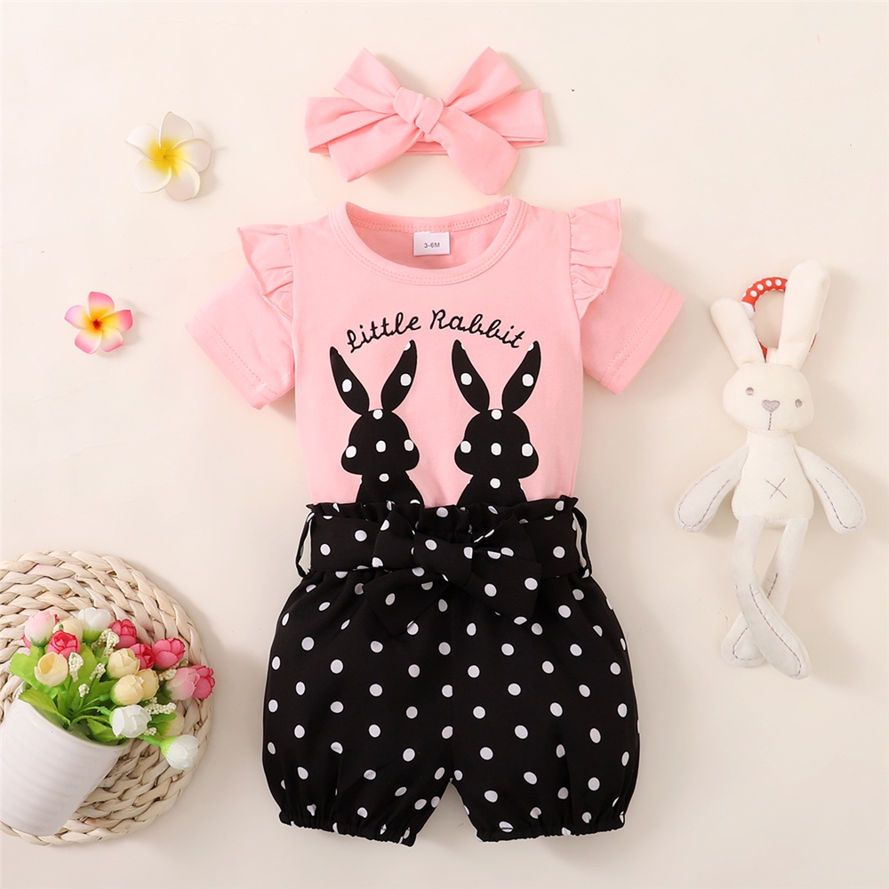 【3PCS】 0-18M Baby Girl Clothes Set | Pink "Little Rabbit" Print Ruffle T-shirt + Polka Dot Shorts + Bow Headband | Cute Casual Set