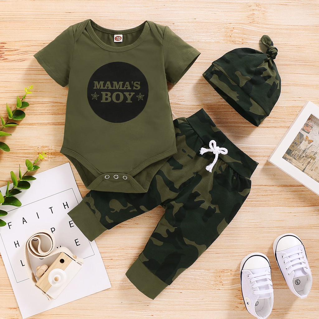 【3PCS】 0-18M Baby Boy Casual Set | "Mama's Boy" Camouflage Romper + Matching Pants + Hat | Summer Outfit