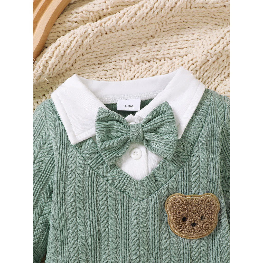 Catpapa boy |【0-18M】 Baby Boy Formal Romper | Mint Green Textured Jumpsuit with Bear Embroidery + Bow Tie | Gentleman Party Outfit | Babies dress | BabySuit | Boys clothes fashions