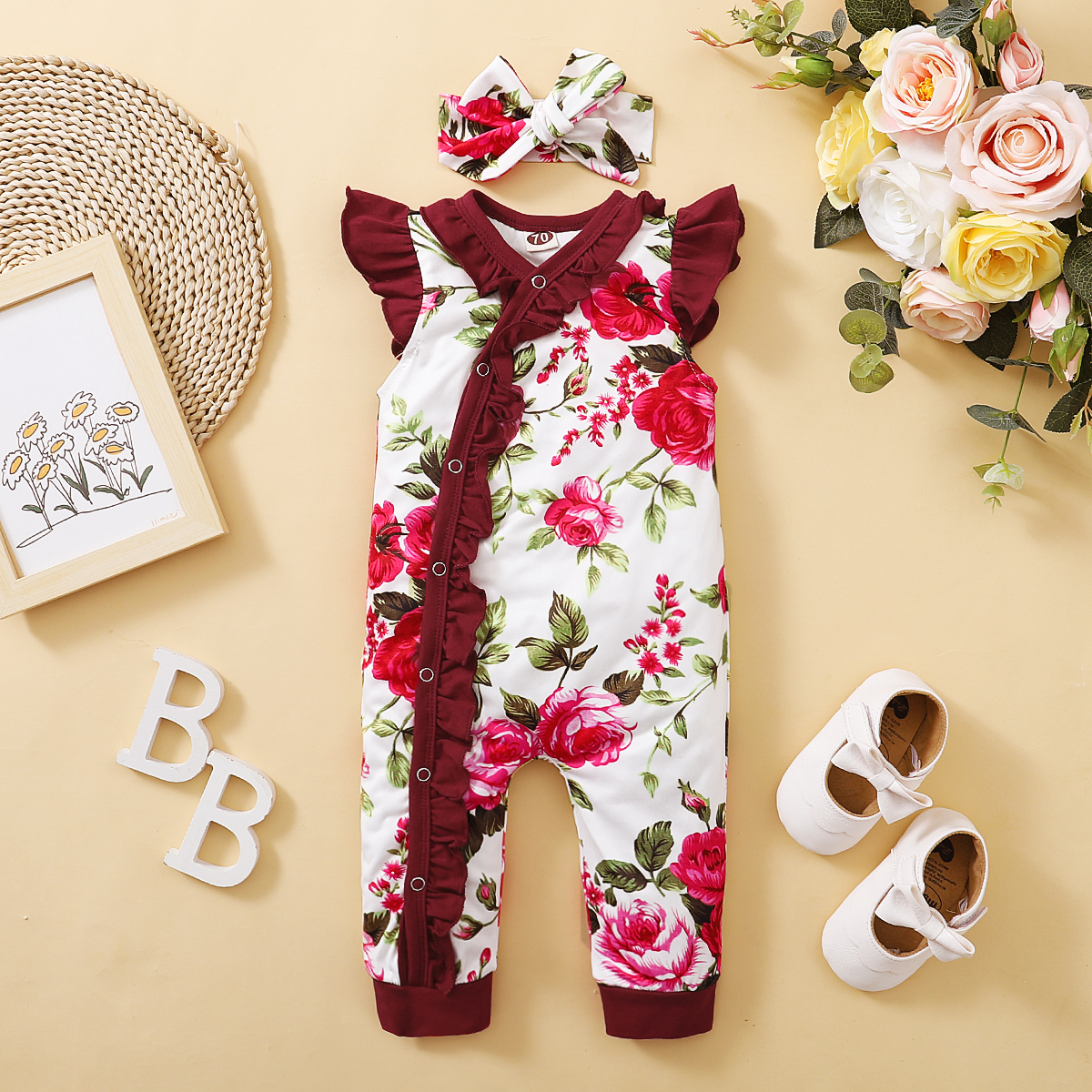 0-4Y Girls' Floral Print Ruffle Romper & Headband Set | Soft Sleeveless Jumpsuit, for Daily Wear & Photoshoots, Baby Girls