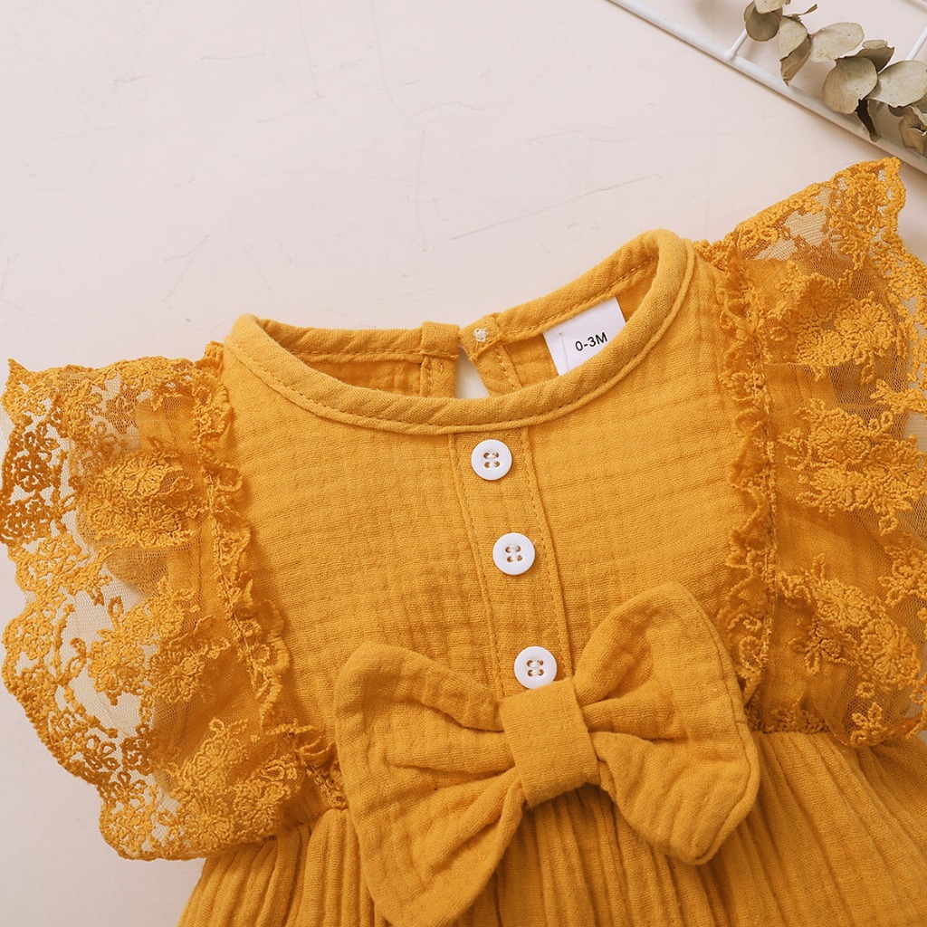 【2PCS】 0-18M Baby Girl Romper Set | Mustard Yellow Lace Trim Jumpsuit with Bow + Matching Bow Headband | Adorable Casual Wear