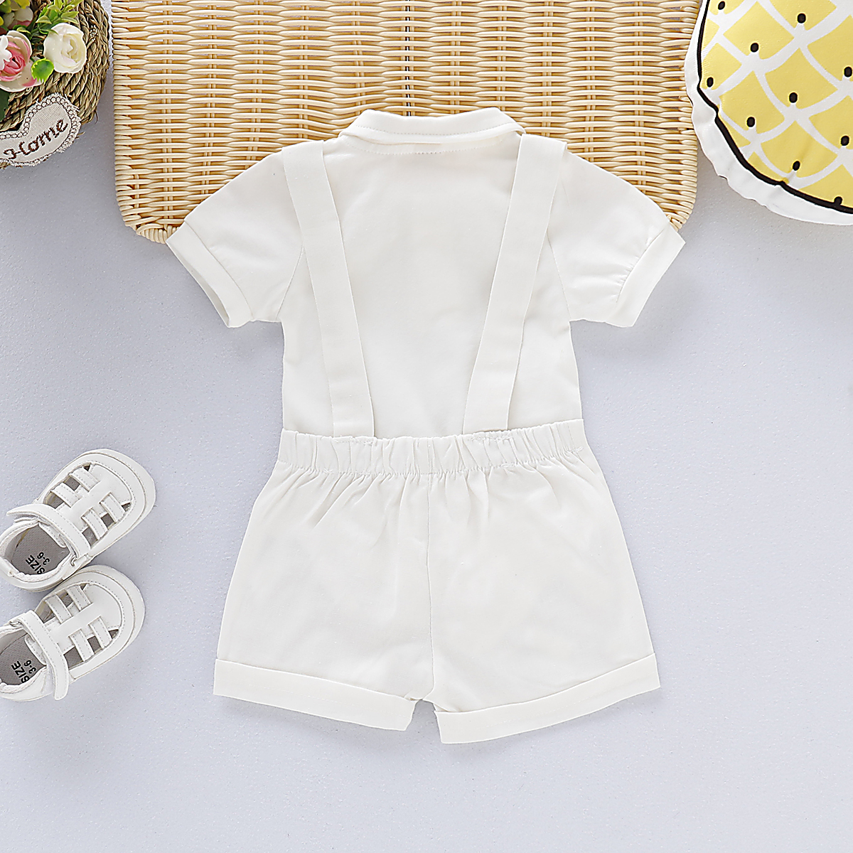 【2PCS】 6-24M Baby Boy Formal Outfit | White Bow Tie Romper + Suspender Shorts | Gentleman Party Wear