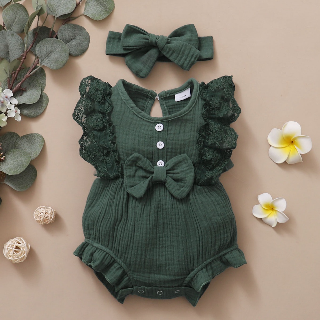 【2PCS】 0-18M Baby Girl Outfit | Dark Green Lace Trim Romper with Bow + Matching Bow Headband | Stylish Newborn Set