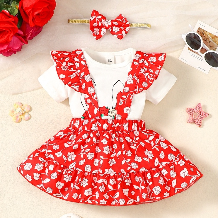 3-24 Months Newborn Baby Girl Summer Dress, Lovely Rabbit Printing Short Sleeves Bodysuit, Floral Strap Skirt And Headband