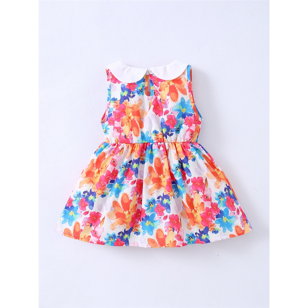 【3-24M】 Baby Girl Floral Dress | Colorful Watercolor Print Sleeveless Dress with Peter Pan Collar | Fashion Daily Wear