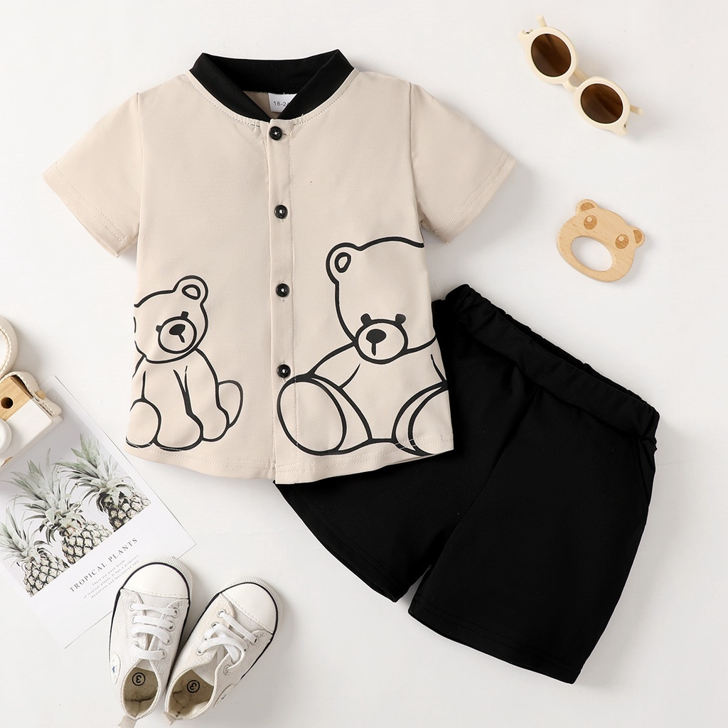 【2PCS】 1-6Y Baby Boy Casual Set | Beige Bear Print Short Sleeve Shirt + Black Shorts | Trendy Daily Outfit