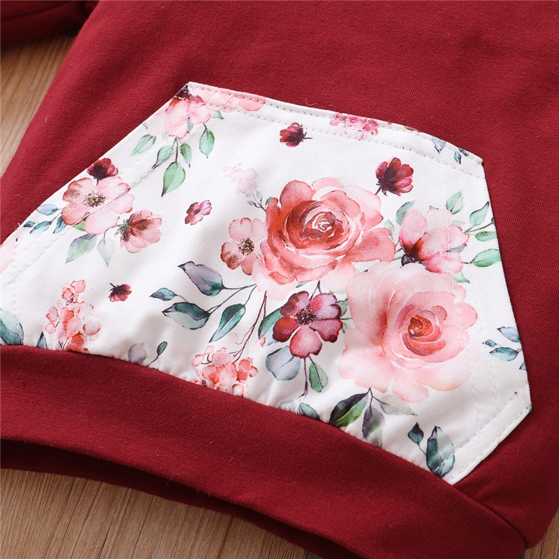 【3PCS】 0-18M Baby Girl Hoodie Set | Wine Red Floral Print Hoodie + Floral Pants + Matching Headband | Fashion Fall/Winter Outfit
