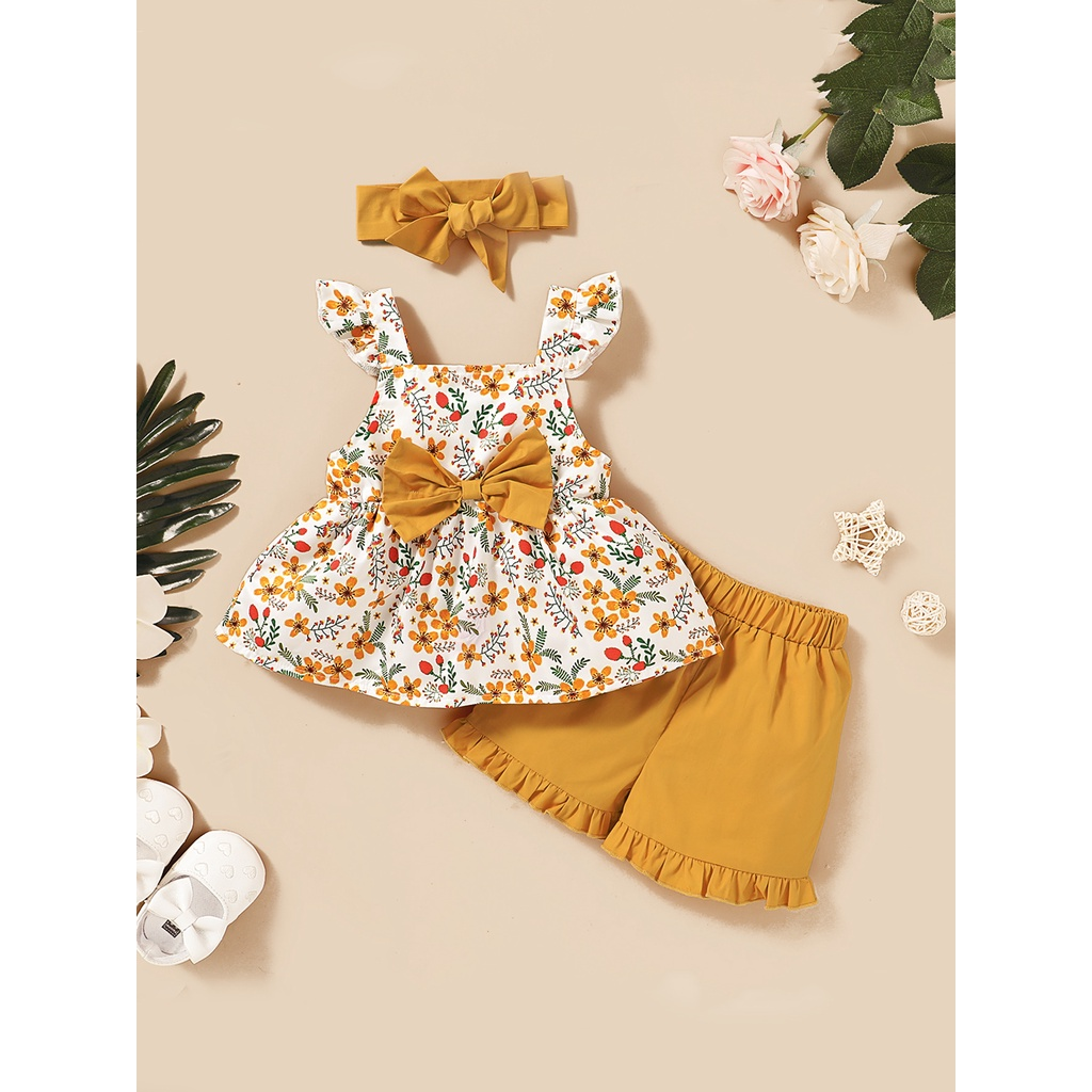 【3PCS】 12M-5Y Baby Girl Set | Floral Print Fly-Sleeve Top + Yellow Ruffle Shorts + Matching Headband | Cute Summer Wear