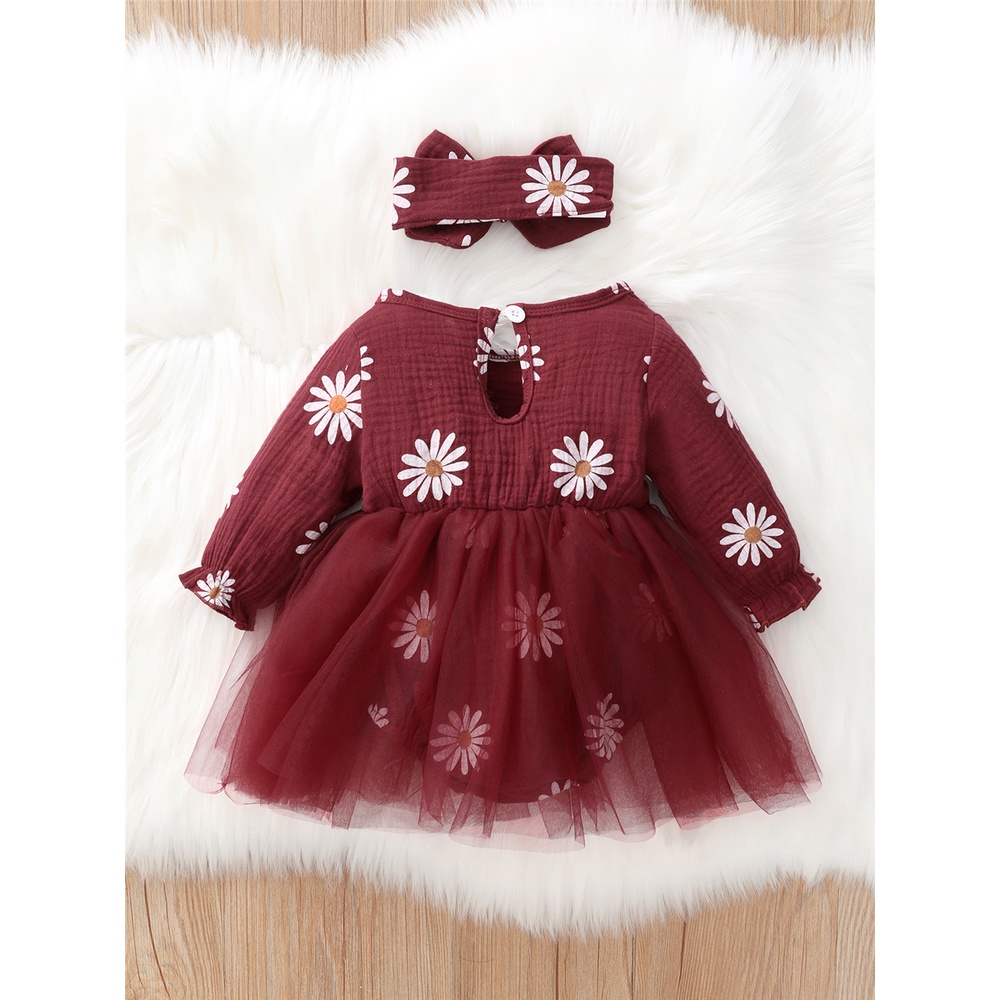 Catpapa girl | 【2PCS】 0-18M Baby Girl Romper Dress | Maroon Daisy Print Mesh Tulle Dress + Matching Bow Headband | Cute Newborn Outfit | Babies dress | Cute baby dresses | Kids fancy dresses