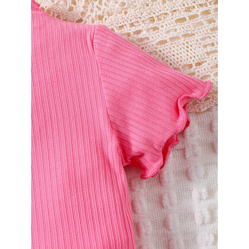 0-3 Years Infant Baby Girl Summer 2pcs Clothing Set Plain Color T-shirt with Shorts Round Neck Floral Edge Design Fashion Simple Sport Style Kid Girl OOTD Soft Outfit