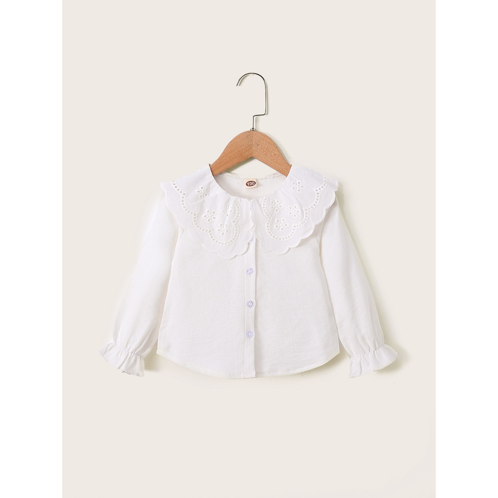 【1-6Y】 Toddler Girl Casual Top | White Lace Eyelet Peter Pan Collar Long Sleeve Blouse with Ruffle Cuffs | Sweet Daily Wear