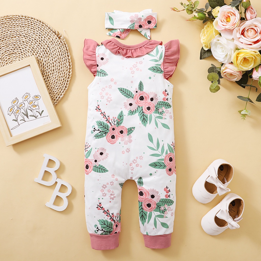 0-3Y Girls' Floral Print Ruffle Sleeveless Romper with Matching Bow Headband | Soft Cotton 2-Piece Outfit, for Daily Wear & Photoshoots, Baby Girls