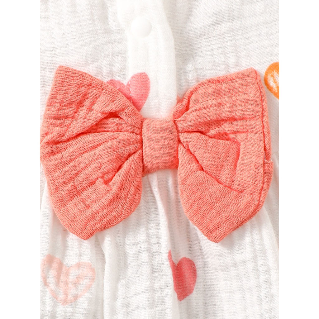 【2PCS】 0-9M Baby Girl Set | Heart Print Ruffle Dress with Bow + Matching Coral Sun Hat | Cute Summer Outfit