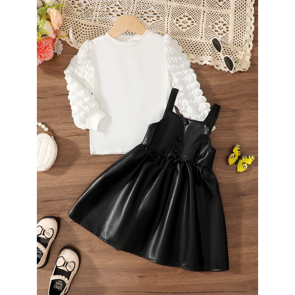 【2PCS】 4-7Y Toddler Girl Outfit | White Bubble Sleeve Top + Black Faux Leather Suspender Dress | Stylish Casual Set