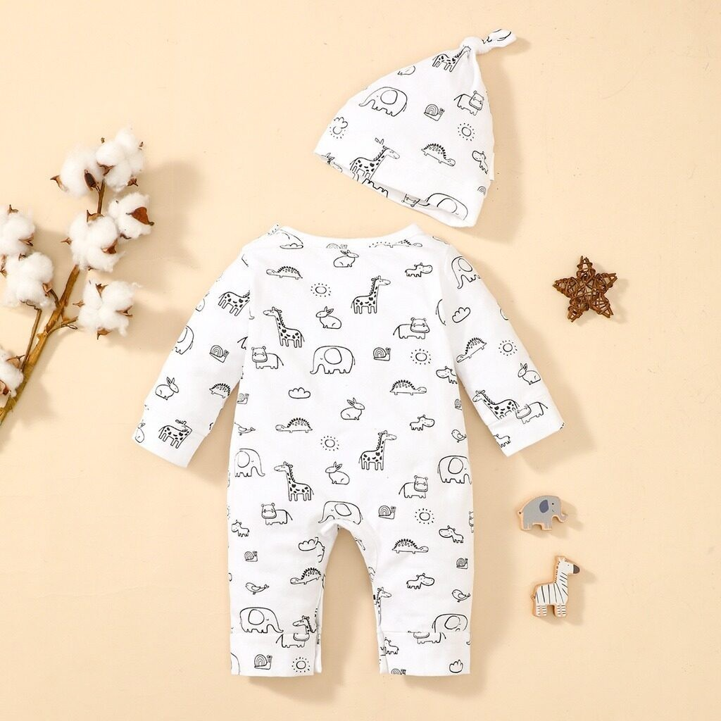 【0-6M】 2PCS Newborn Outfit: Elephant Applique & Animal Print Long-Sleeve Romper with Matching Knot Hat – Cute Neutral Set