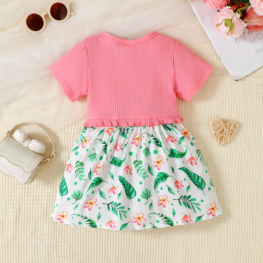 【2PCS】 6M-3Y Baby Girl Outfit | Pink Ribbed Cardigan + Tropical Floral Print Dress with Bow | Sweet Summer Set