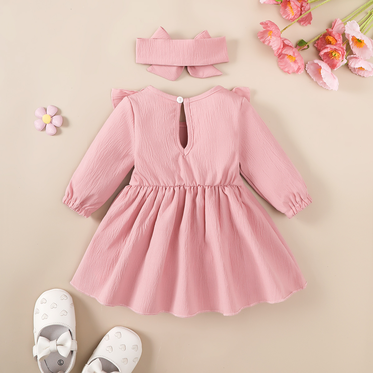 【2PCS】 1-18M Baby Girl Outfit | Pink Ruffle Long Sleeve Dress with Bow + Matching Bow Headband | Soft Casual Set