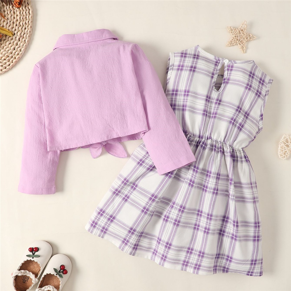 【2PCS】 1-6Y Baby Girl clothes Set | Purple Button-Down Shirt + Purple Plaid Sleeveless Dress | Fashion Casual Outfit