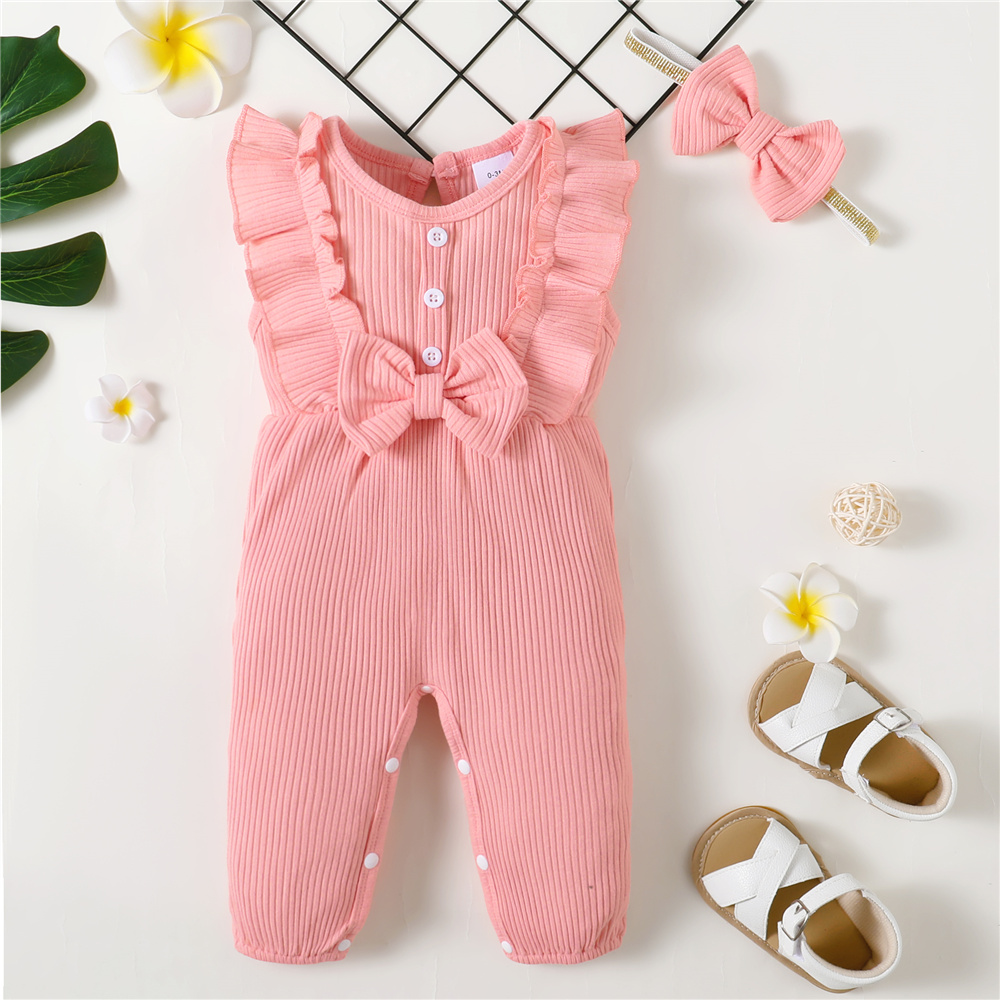 【2PCS】 0-12M Baby Girl Outfit | Pink Ribbed Ruffle Trim Romper with Bow + Matching Headband | Soft Casual Wear