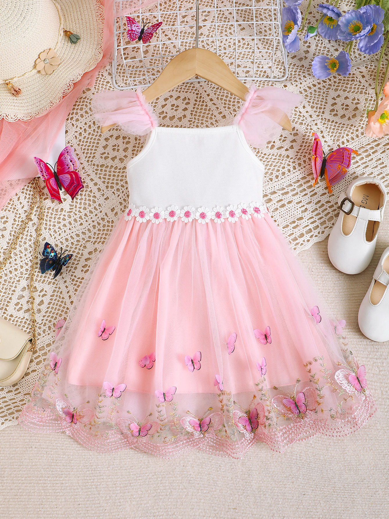 【6M-3Y】 Toddler Girl Dress | Pink Butterfly Applique Tulle Dress with Daisy Trim and Tulle Straps | Cute Party Wear