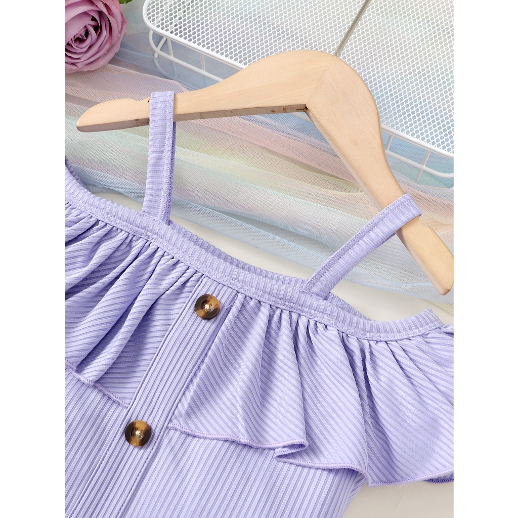 【2PCS】 4-7Y Baby Girl Summer Set | Purple Off-Shoulder Ruffle Top + Floral Print Shorts | Fashion Casual Outfit