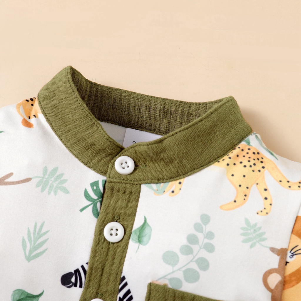 【3-24M】 2PCS Baby Boy Summer Outfit | Jungle Animal Print Henley T-shirt + Solid Textured Shorts | Casual Safari Style Set