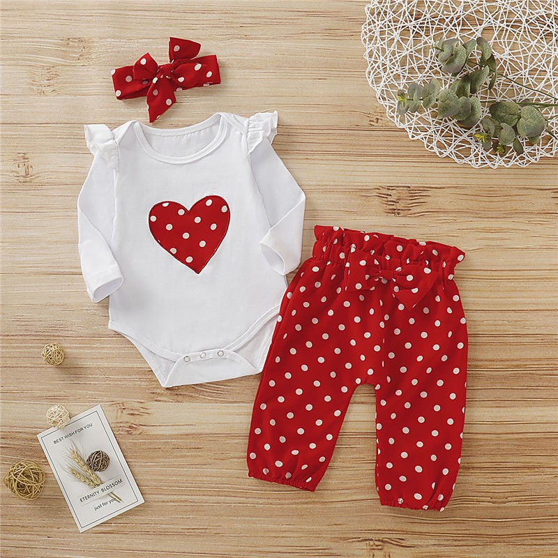 【0-18M】 3PCS Baby Girl Outfit: White Ruffle-Sleeve Romper with Polka Dot Heart Print + Red Polka Dot Pants with Bow + Matching Headband – Cute Valentine Set