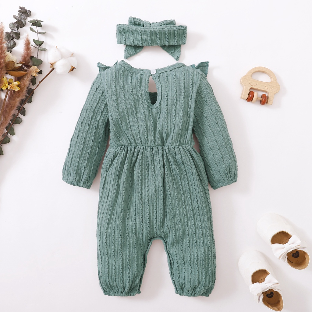 Catpapa girl |【2PCS】 3-18M Baby Girl Romper Set | Mint Green Cable Knit Ruffle Jumpsuit + Matching Bow Headband | Cute Casual Outfit | Cute baby dresses | Baby girls clothes sets outfits