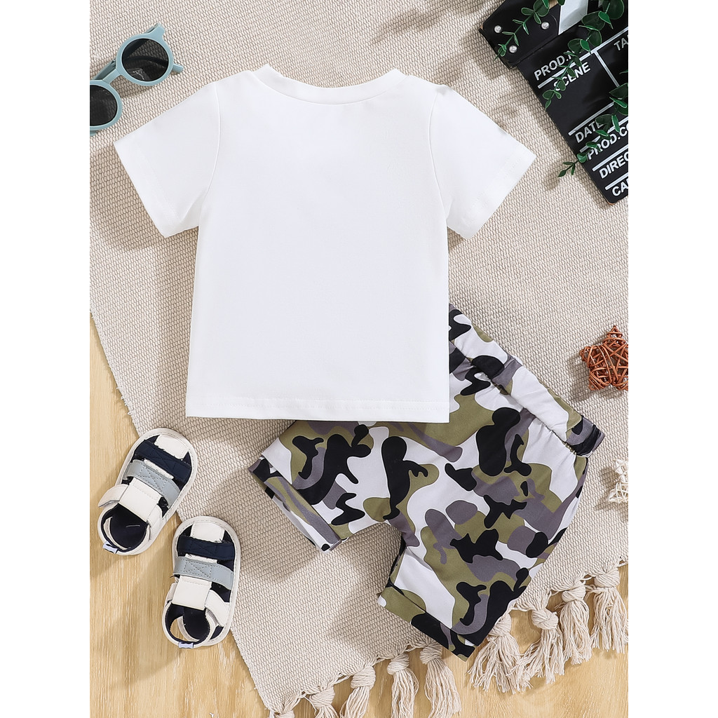 【2PCS】 6-24M Baby Boy Casual Set | "I Look Like My Mommy" Letters Print T-shirt + Camouflage Shorts | Funny Daily Wear