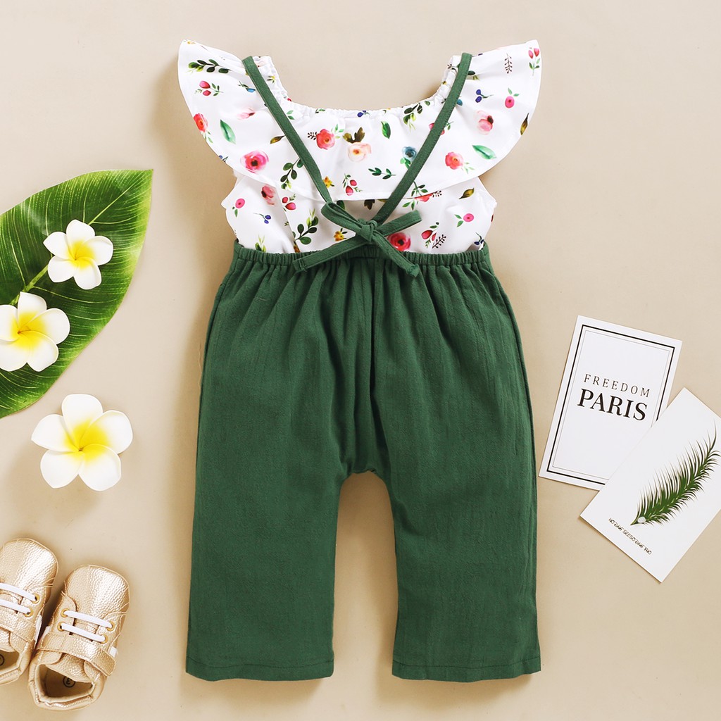 【2PCS】 12M-5Y Toddler Girl Summer Outfit | Floral Off-Shoulder Top + Green Overalls Pants | Casual Two-Piece Set