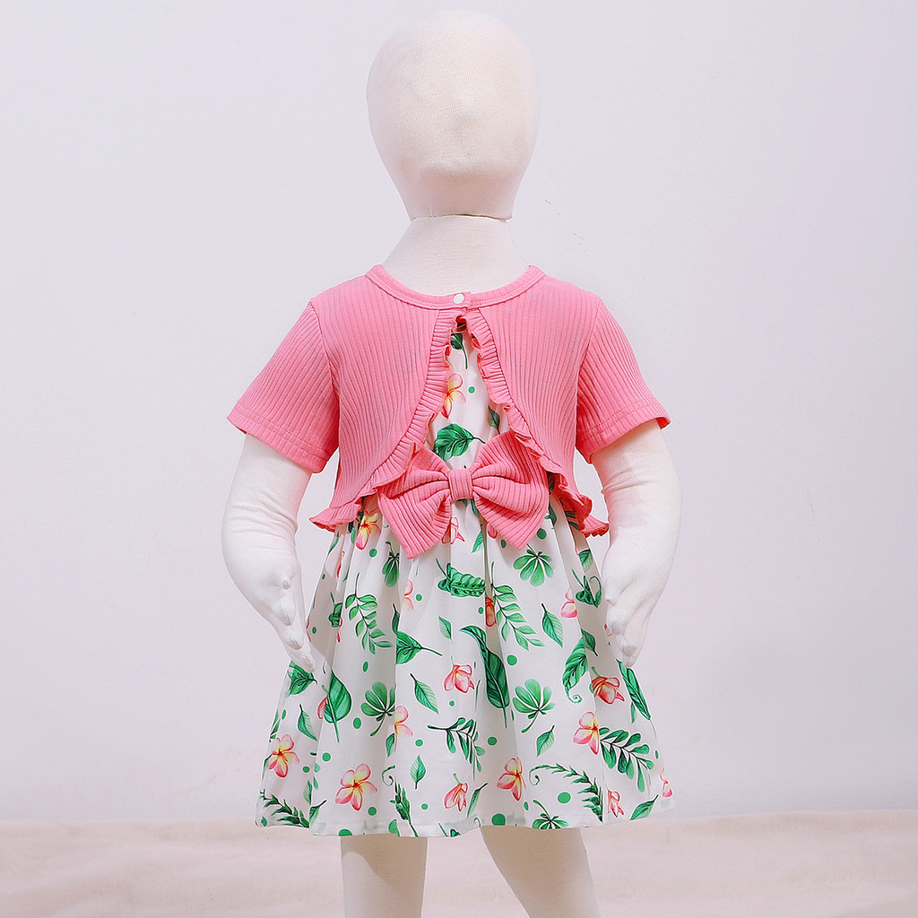 【2PCS】 6M-3Y Baby Girl Outfit | Pink Ribbed Cardigan + Tropical Floral Print Dress with Bow | Sweet Summer Set