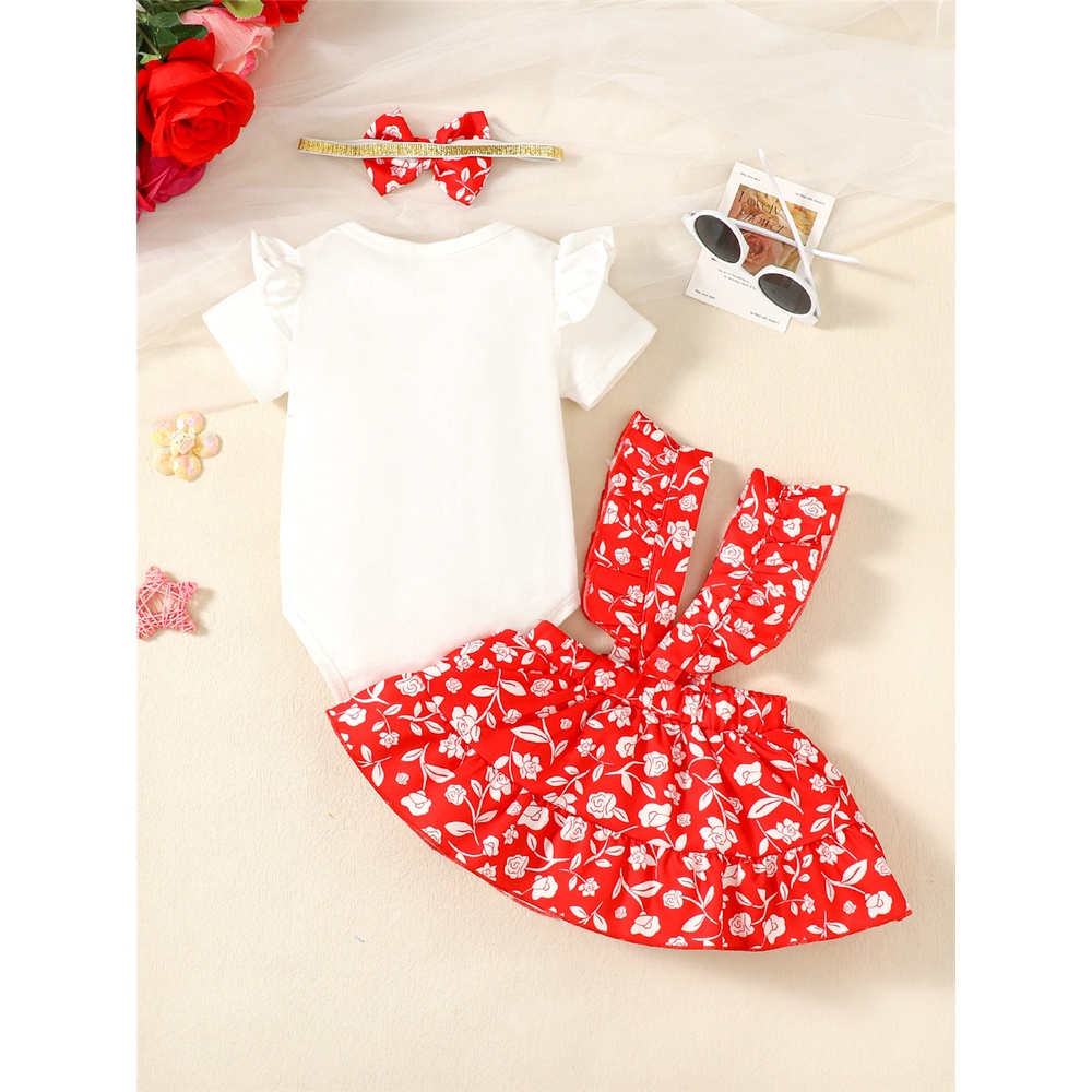 3-24 Months Newborn Baby Girl Summer Dress, Lovely Rabbit Printing Short Sleeves Bodysuit, Floral Strap Skirt And Headband