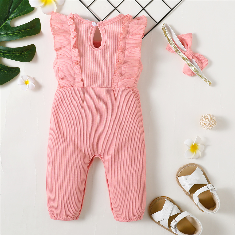 【2PCS】 0-12M Baby Girl Outfit | Pink Ribbed Ruffle Trim Romper with Bow + Matching Headband | Soft Casual Wear