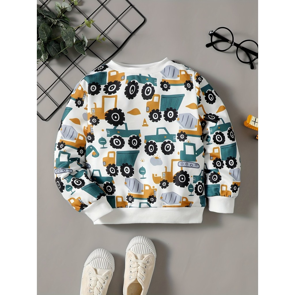 1-5 Years Kid Boy Fashion Top Long Sleeved Car Print Round Neck Sweatshirt Cute All Match Shirt Child Baby Autumn Wear