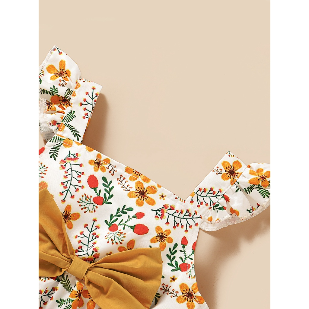 【3PCS】 12M-5Y Baby Girl Set | Floral Print Fly-Sleeve Top + Yellow Ruffle Shorts + Matching Headband | Cute Summer Wear