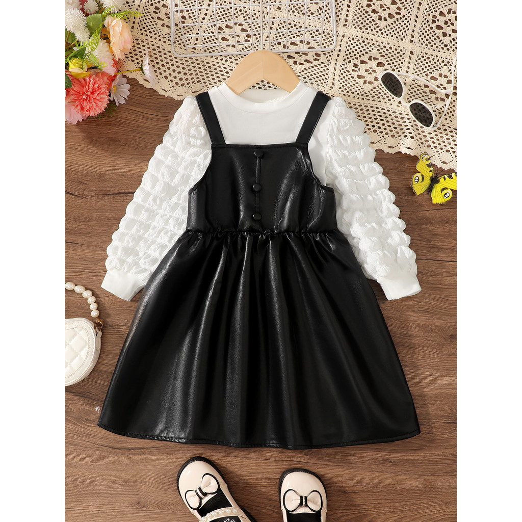 【2PCS】 4-7Y Toddler Girl Outfit | White Bubble Sleeve Top + Black Faux Leather Suspender Dress | Stylish Casual Set