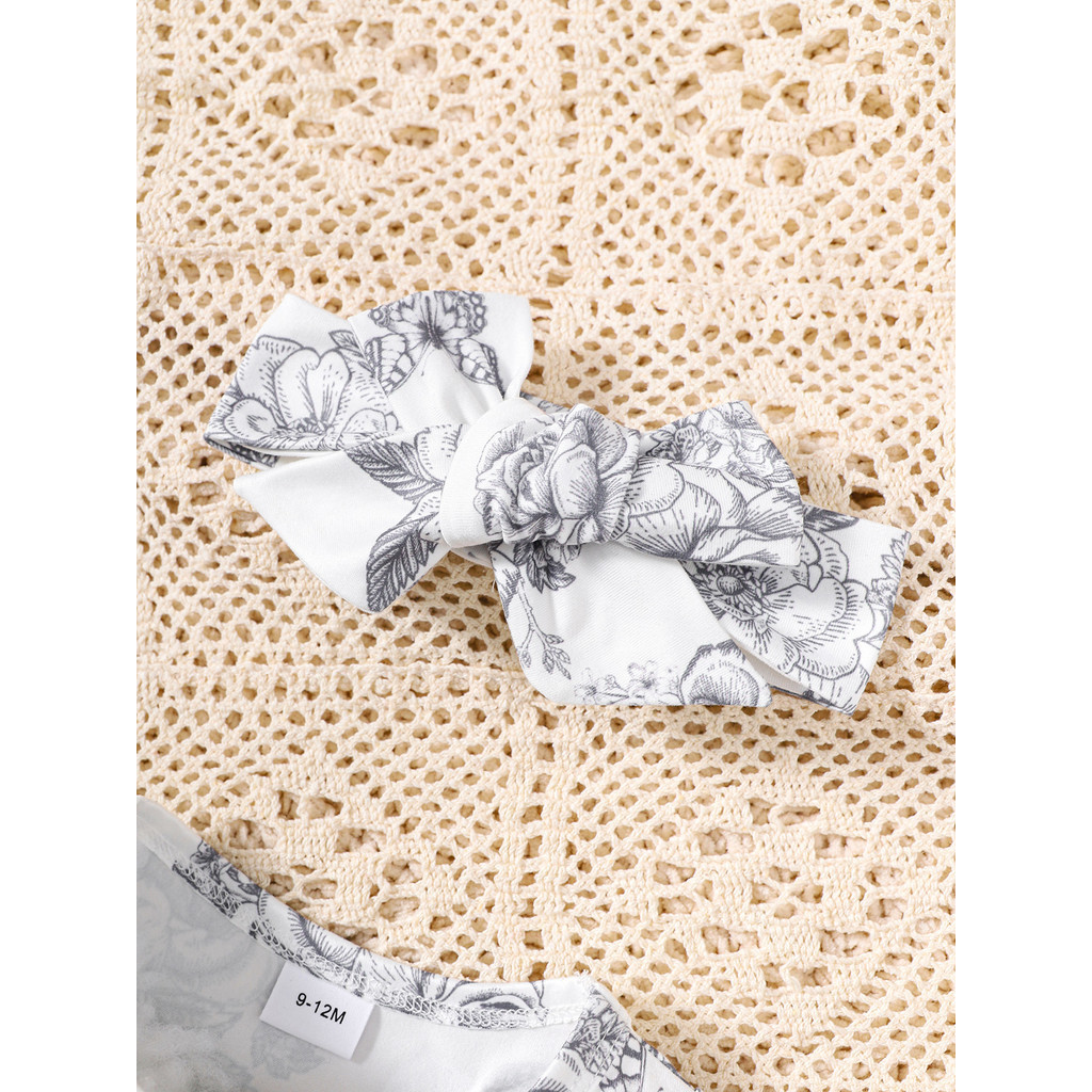【3-24M】 2PCS Baby Girl Outfit: Floral Print Sleeveless Romper with Pom Pom Trim + Matching Headband – Cute Spring & Summer Party Set
